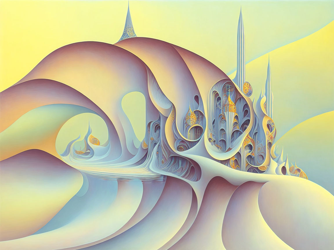 Surreal landscape with wave-like structures and ornate arches in pastel colors