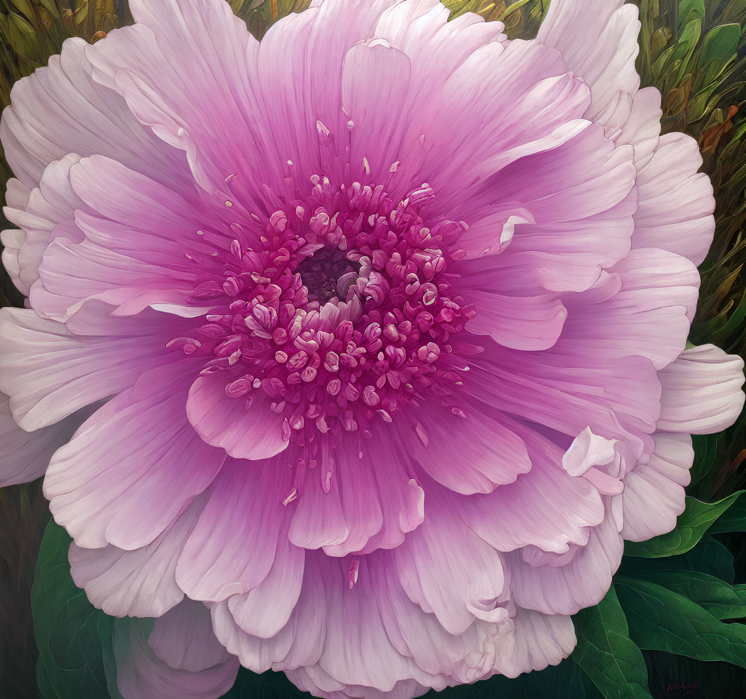 Detailed Pink Flower Painting with Lush Petals and Stamen against Leafy Background