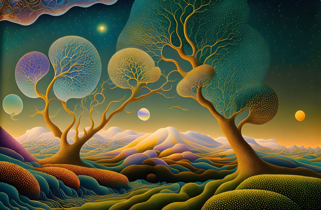 Surreal landscape with stylized trees and celestial bodies