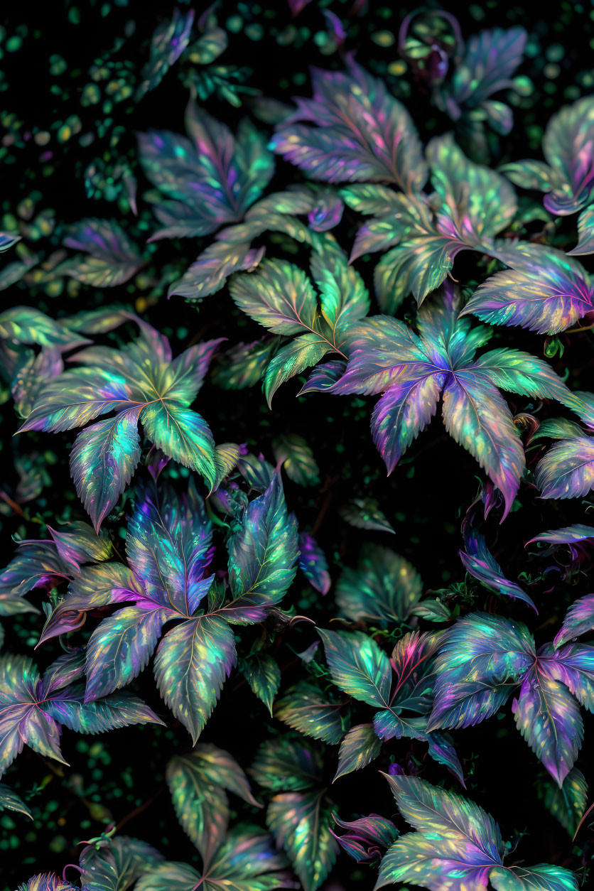 Vibrant iridescent foliage in blue, green, and purple hues