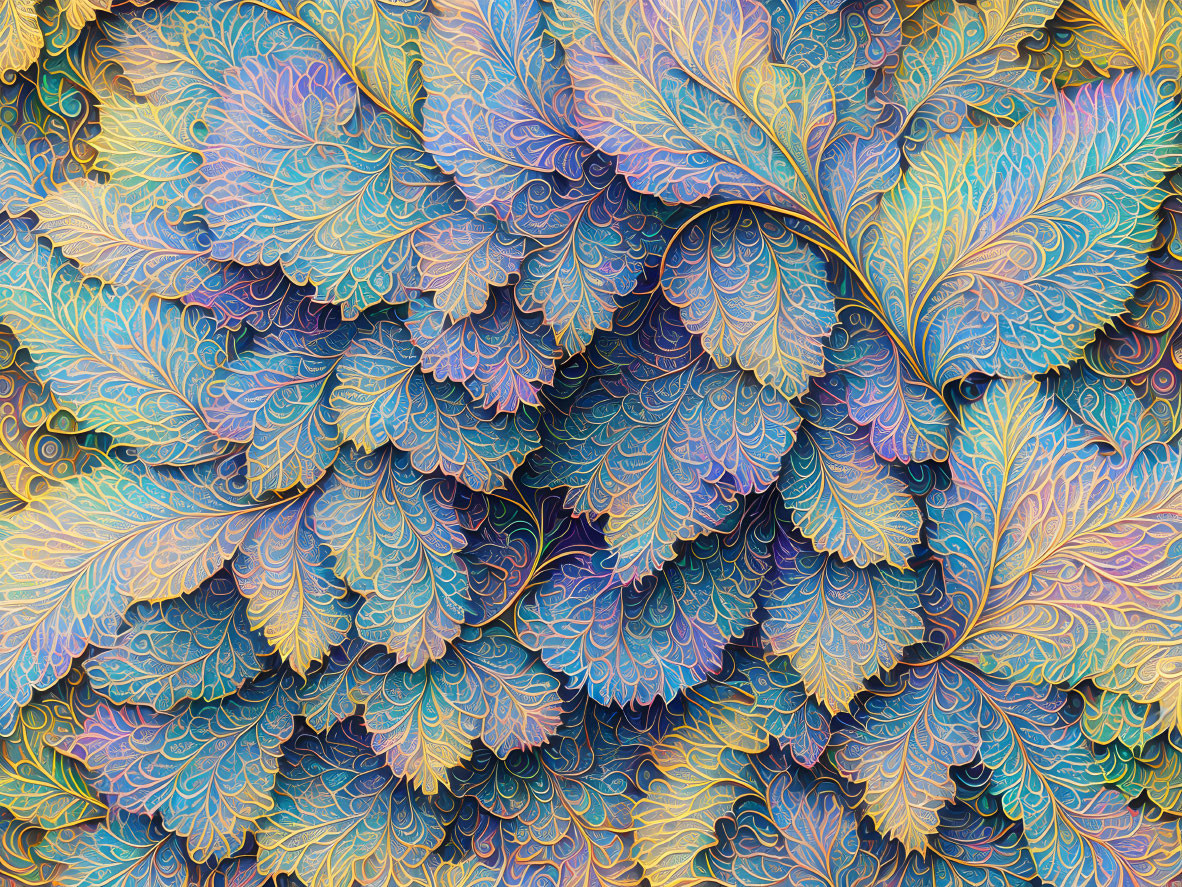 Colorful digital artwork: intricate leaf pattern in blues, greens, and purples