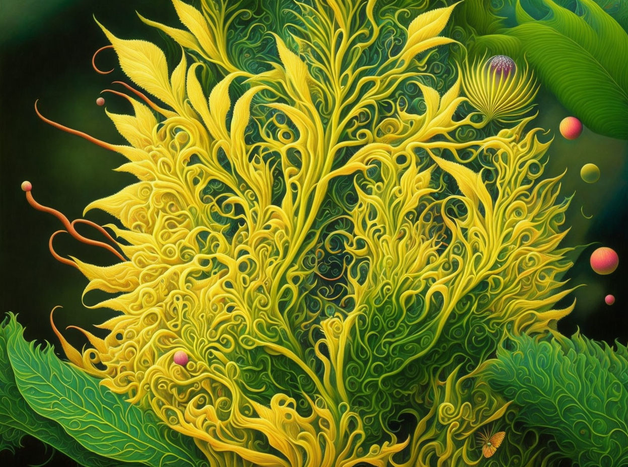 Detailed botanical patterns in yellow and green with pink orbs and swirls