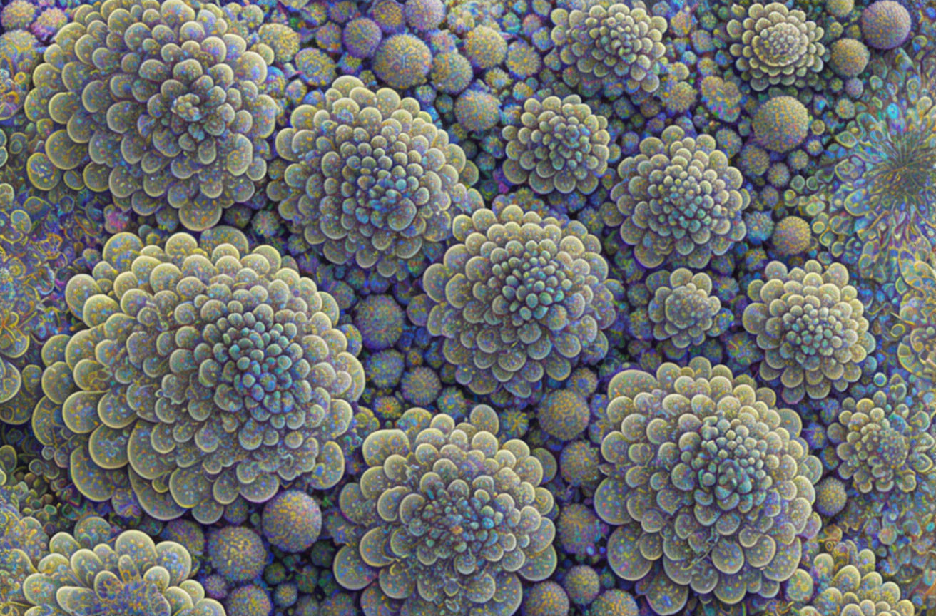 Intricate Fractal Design: Clustered Spheres in Blue, Gold & Brown