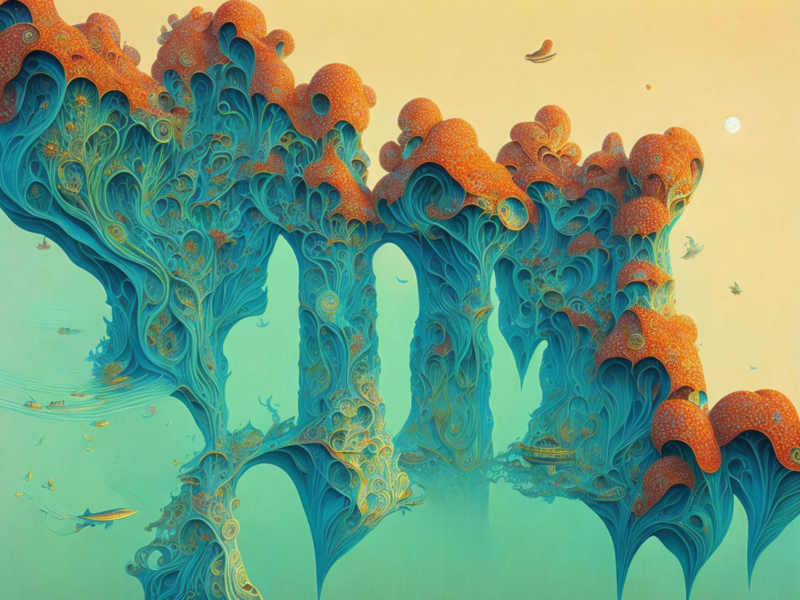 Vibrant surreal artwork: orange coral structures, blue details, birds, and leaves.