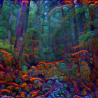 Colorful Psychedelic Tree-Like Artwork on Dark Background