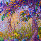 Colorful Stylized Forest Illustration with Twisted Trees under Purple Sky