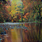 Tranquil river painting at sunset with reflections, trees, and flowers