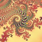 Colorful fractal image: Spiral pattern with leaf-like designs in pink, orange, and green on