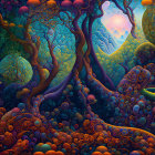 Vibrant Psychedelic Forest Landscape with Stylized Sun