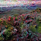 Colorful psychedelic landscape with intricate patterns and alien-like spheres