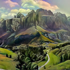 Colorful Surreal Landscape with Stylized Hills, Winding Road, and Fantastical Veget