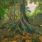 Sunlit forest scene with lush green trees and autumn leaves