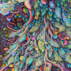 Detailed artwork of a vibrant, fantastical tree with intricate branches and leaves