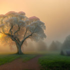 Fantastical landscape with ornate trees and misty sunset sky