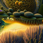 Detailed digital artwork: Vibrant fractal patterns of leaves, spheres, feathers in golden hues