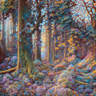 Colorful surreal forest with whimsical trees and fantastical flora in purples, blues, oranges