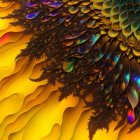 Abstract fractal design: Vibrant gold, orange, and blue feather-like patterns