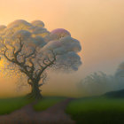 Mystical tree and colorful flowers in serene landscape