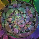 Symmetrical digital artwork of stylized flora in vibrant purples, greens, and blues