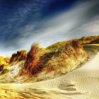 Colorful surreal landscape with rolling hills and swirling sky