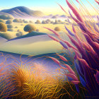 Colorful surreal landscape with rolling hills and golden coral-like structures