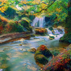 Colorful Forest Scene with Waterfall and River