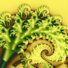 Colorful digital artwork with yellow and green fractal patterns and glowing spiraling shapes.