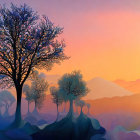 Vibrant Painting of Trees with Colorful Foliage and Sunset