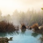 Tranquil misty forest scene with serene blue pond and colorful autumn foliage