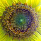 Colorful digital fractal art of a sunflower with intricate patterns on a textured green background