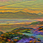 Colorful Textured Landscape with Rolling Hills in Green, Yellow, Orange, and Purple