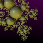 Fractal art with iridescent bubbles and spiral elements in green, purple, and golden hues