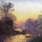 Surreal landscape with stylized trees and radiant sky