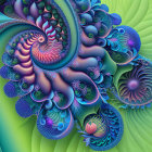 Colorful fractal art with intricate spiral patterns in blue, green, and orange