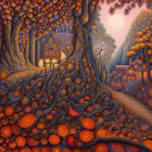 Whimsical autumn forest with intricate trees and fantasy houses