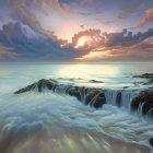 Sunlit dramatic seascape with rocky shore and rushing waves