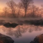 Surreal landscape with tree-like structures and reflective water surface