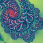 Detailed Fractal Image: Blue and Purple Swirls on Lime Green Background