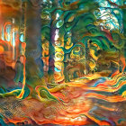 Surreal forest scene with golden-orange flora and intertwined trees