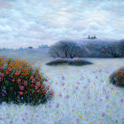 Colorful floral bushes, purple hill, meadows in surreal landscape