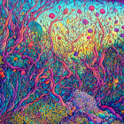 Vivid illustration of dense, colorful fantasy forest landscape