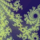 Fractal landscape with tree-like structures and crescent moon in vivid blue and yellow.