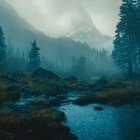 Ethereal Forest Landscape Under Moonlit Twilight Sky