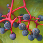 Colorful painting of red branching structures, blue spheres, and green leaves in a surreal setting.