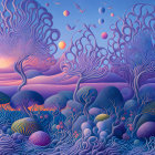 Surreal landscape with stylized trees, hills, mushrooms, and celestial elements