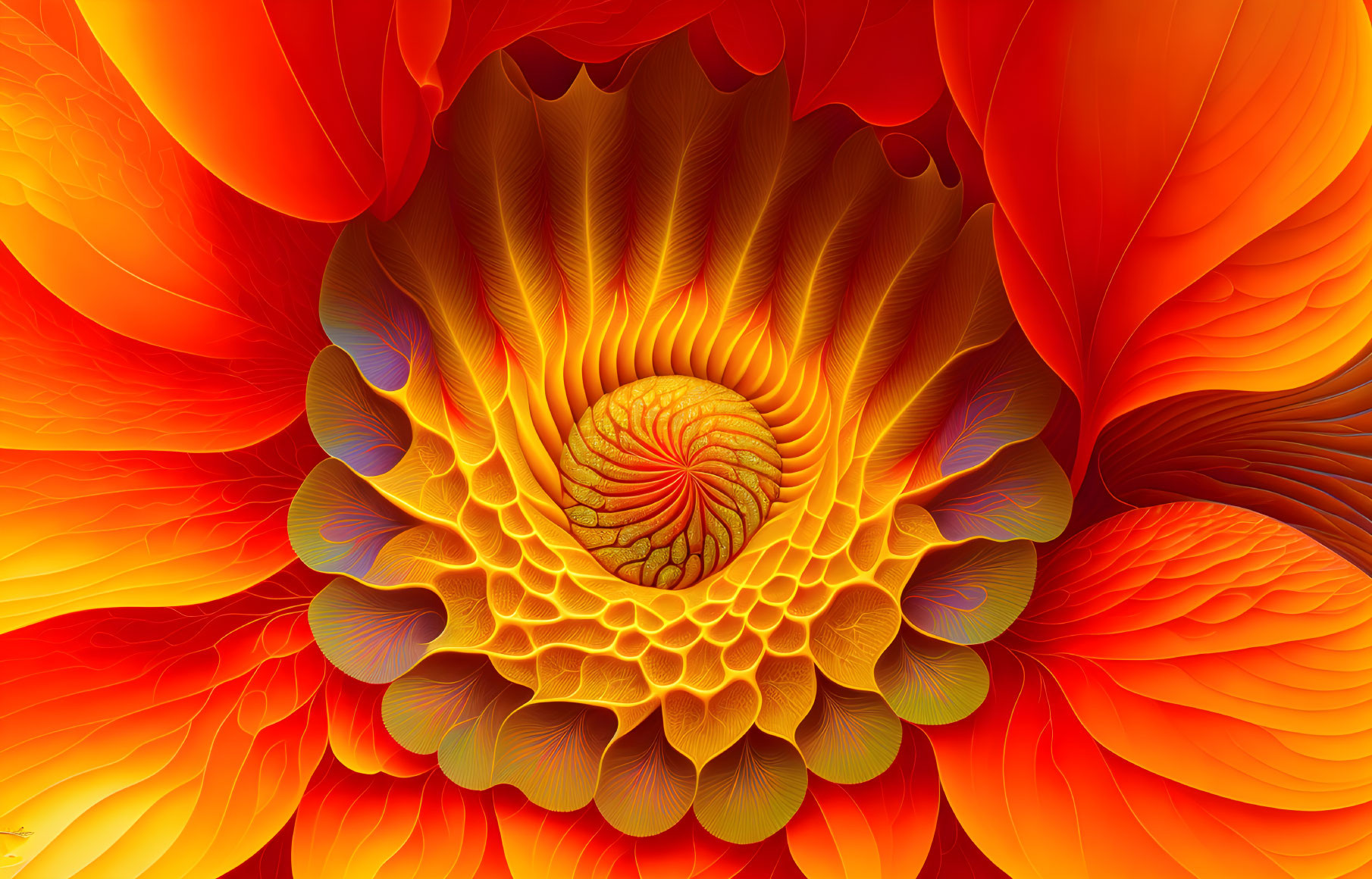 Colorful Abstract Fractal Art: Spiraling Pattern in Fiery Tones