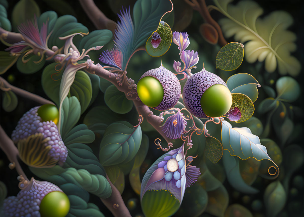 Colorful Illustration of Exotic Plants with Purple Fruits