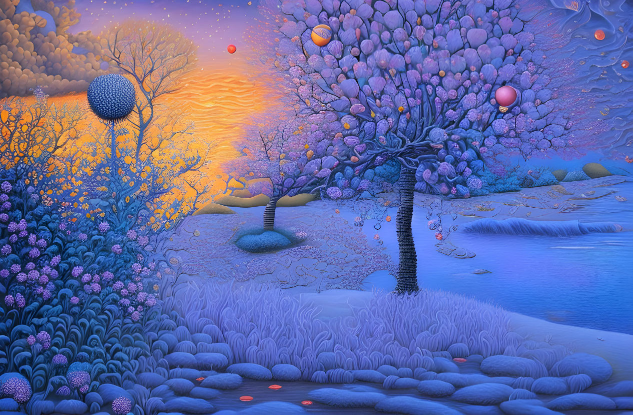 Whimsical surreal landscape with blooming trees, winding river, and fantastical flowers at dusk