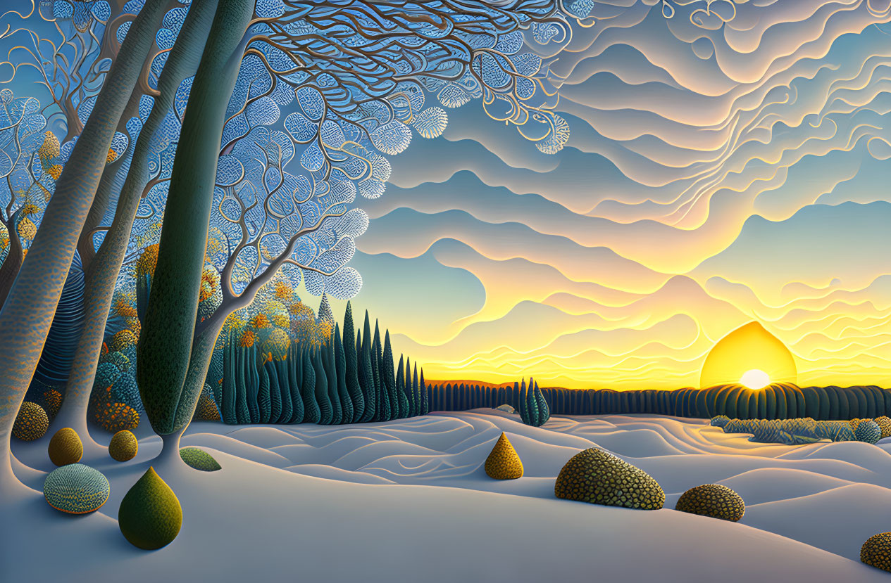 Vibrant sunset landscape with rolling hills and textured trees