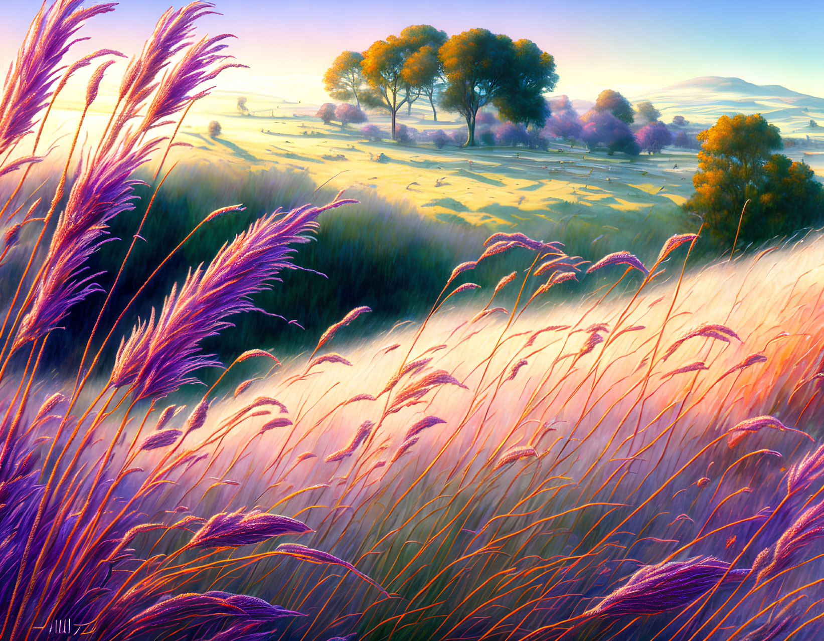 Colorful landscape with golden-purple grasses and vibrant trees under warm light